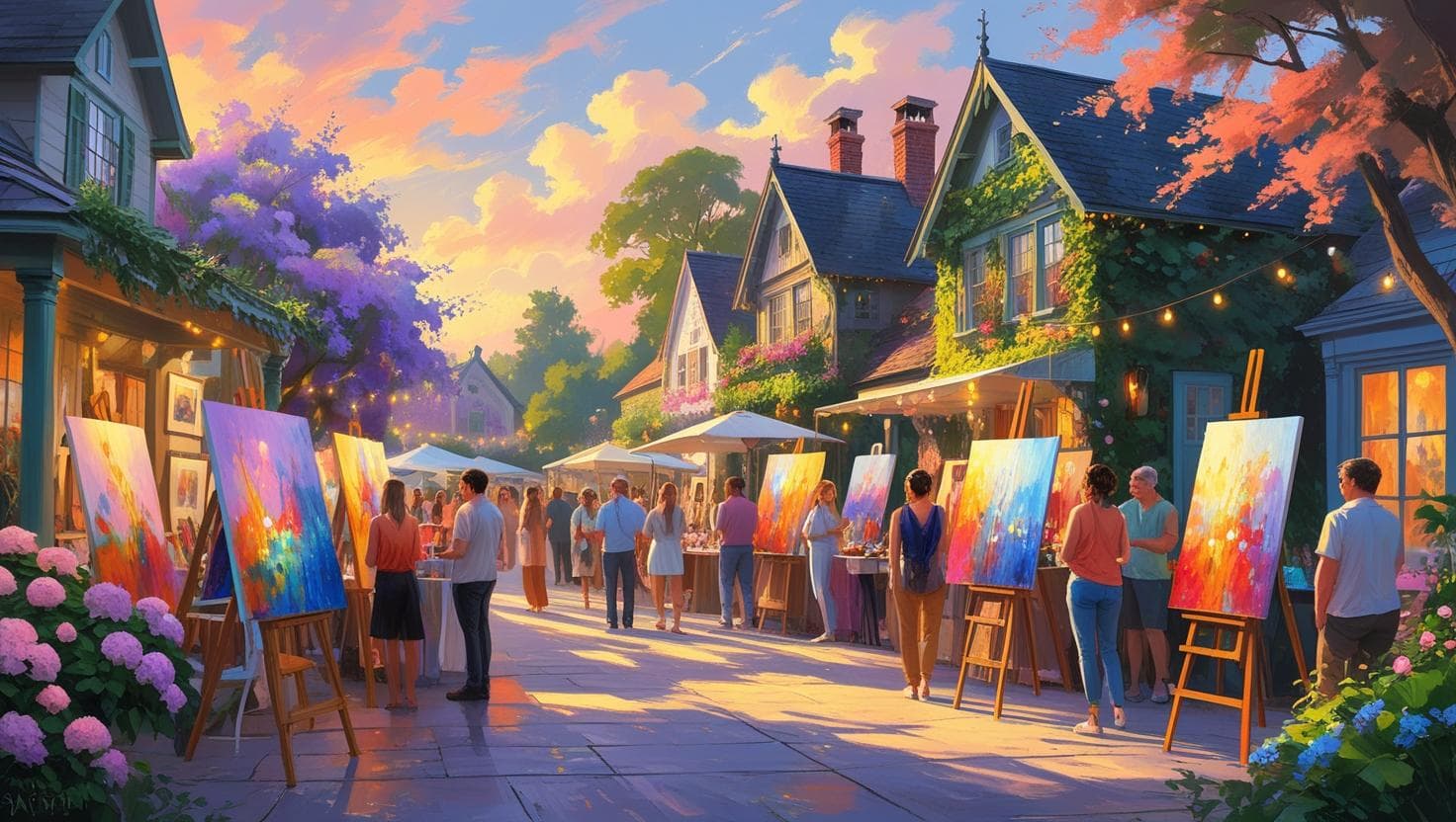 Artists and visitors enjoying an outdoor art festival in a vibrant village setting